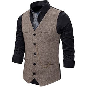 Formele Heren Pak Vest Casual Ketting Effen Kleur Business Tweed Vest Gilet Kostuum Vest for Bruiloft (Color : Coffee, Size : M)