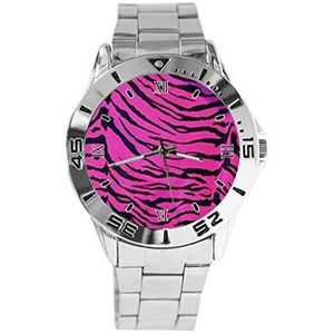 Roze Tijger Huid Print Ontwerp Analoog Polshorloge Quartz Zilveren Wijzerplaat Klassieke Roestvrij Stalen Band Dames Heren Horloge