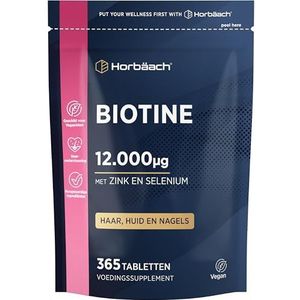 Biotine Zink Selenium 12000 mcg | Biotin Zinc Selen voor Haargroei | 4 Maanden Voorraad - 365 Veganistische Tabletten | Haar, Huid & Nagelsupplement met Vitamine B7 | Horbaach