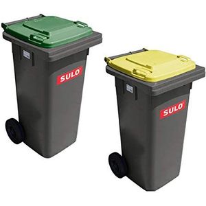 plasteo Set van 2 grijze wheelie bakken SULO 120 L, met deksels groen en geel, recyclingbak, huishoudelijk afvalcontainer met deksel, selectief sorteren (22147+22149)