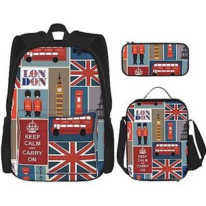 3 stuks koe spot rugzak set, verstelbare schoudertas set met lunchbox etui, Engeland Symbolen, Eén maat, Rugzakken