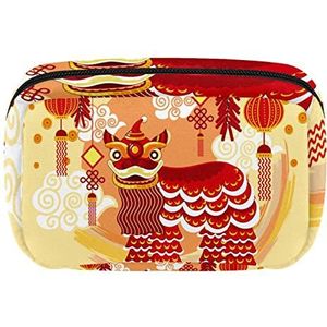 Cosmetische Rits Pouch Make-up Tas Reizen Waterdichte Toilettas Voor Vrouwen Traditionele Chinese Leeuw Dans Festival Achtergrond, Meerkleurig, 17.5x7x10.5cm/6.9x4.1x2.8in