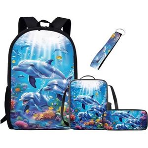 Chririnla 4 Stks Schooltas Set voor Jongens Meisjes Tieners, 17Inch Boekentas+Pen Bag+Sleutelhanger Terug naar School Supplies, Dolfijn Oceaan Dier Onder Water, Rugzakken