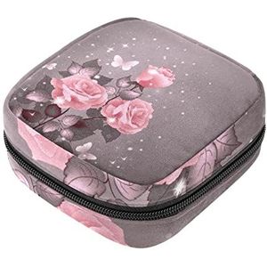 Rozen Bloemen Vlinder Maandverband Opbergtas Menstruatie Pad Tas Draagbare Menstruatie Cup Pouch met Rits voor Tiener Meisjes Vrouwen Dames