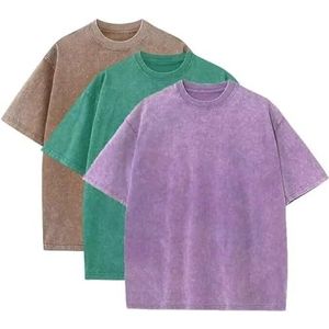 Txjojn Heren oversized zware katoenen T-shirts 3-pack vintage T-shirt losse pasvorm korte mouw casual shirts voor mannen, Kaki+groen+paars, XXL