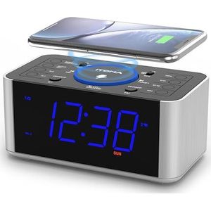 Wekkerradio met 5W draadloos opladen, snooze, Bluetooth, dubbele wekker, 1,4'' LED-display, dimmer, USB-oplaadklok voor op het nachtkastje iTOMA 206