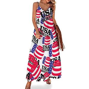 USA Boxing Maxi-jurk voor dames, zomer, V-hals, mouwloos, spaghettibandjes, lange jurk