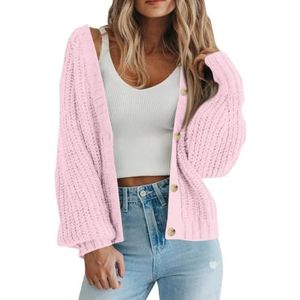 UPPJPBSW Dames Chunky Knit Trendy Casual Lantaarn Cardigans Trui Lange Mouw Open Voor Knopen Gebreide Bovenkleding Jassen,Roze,3X Large