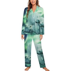 Northern Lights Polar Bear vrouwen lange mouw button down nachtkleding zachte nachtkleding lounge pyjama set XL