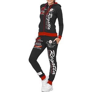 Violento Regatta 509 Design Joggingpak voor dames, trainingsoutfit van 100% zacht katoen, jas met ritssluiting met capuchon en zakken, comfortabel vrijetijdspak voor vrouwen, S - XXL, zwart-rood, XXL