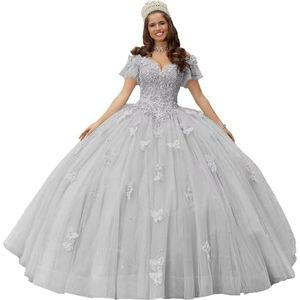 Fuomomo Quinceanera MT052 Jurk met vlinderapplicaties van kant, 3D, glanzend, baljurk, schoudervrij, voor snoep, 15 en 16, verjaardagsjurk van tule, zilver., 38
