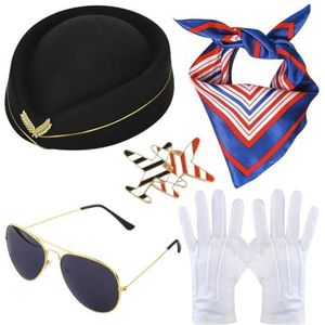 YANGSHINE Stewardess kostuum accessoires stewardess hoed met luchtgastvrouw zonnebril sjaal handschoenen volwassen cosplay outfits sets voor carnaval Halloween feestbenodigdheden