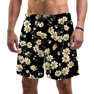 PAFEFO Nieuwigheid boardshorts voor heren, strandvakantie, feest, sneldrogende badpakken met witte mini-bloemen madeliefjesontwerpen, Witte Mini Bloemen Madeliefje, S