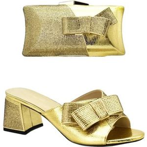 Schoen- en tassenset voor feest in vrouwen Nigeriaanse vrouwen trouwschoenen en tas set versierd met strass steentjes, Gouden Schoenen en Tas, 41.5 EU