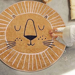 Ronde laagpolige tapijten kinderkamer, bruin geel weinig leeuwenkop-patroon, modern design kindertapijt speelmat vloerkleden diameter: ø 120 cm