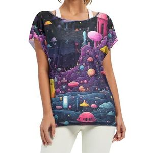 Space Doodle Art korte vleermuismouwen shirt ronde hals T-shirts losse tops voor meisjes, Patroon, L