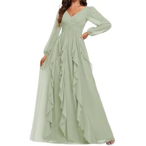 Prinses Bruidsmeisje Jurken Lange Mouw Prom Jurken V-hals Chiffon Formele Avond Party Maxi Jurk ZM208, Sage Groen, 32