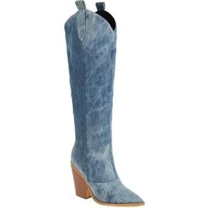 Lmtossey Herfst en winter western cowboy dames kniehoge laarzen hoge hakken cowboylaarzen instappers dames schoenen, Blauw, 39 EU