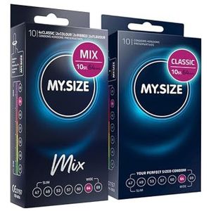 MY.SIZE Mix set maat 6, 64 mm: 10 Classic condooms + 10 condooms in 4 spannende soorten, condooms met aroma, kleur, noppen & Classic