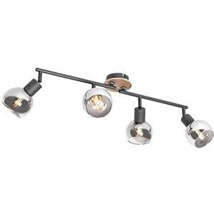 QAZQA - Modern Plafondlamp zwart met smoke glas en hout 4-lichts - Vidro | Woonkamer | Slaapkamer | Keuken - Glas Langwerpig - E14 Geschikt voor LED - Max. 4 x 25 Watt