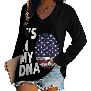 It's In My DNA Amerikaanse vlag casual T-shirts met lange mouwen voor dames V-hals bedrukte grafische blouses T-shirt tops L