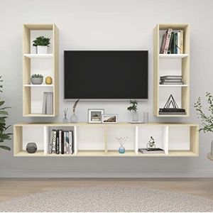 AJJHUUKI Entertainmentcentra en tv-standaards Wandgemonteerde tv-kasten 4 stuks witte en sonoma eiken ontworpen houten meubels