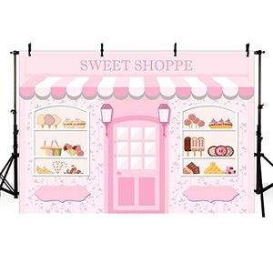 AIBIIN 2,1 x 1,5 m roze meisje Sweet Shoppe verjaardag achtergrond ijs snoep dessert roze en witte streep achtergrond fotografie kinderen prinses taart smash tafel decoratie babyborrel feest banner