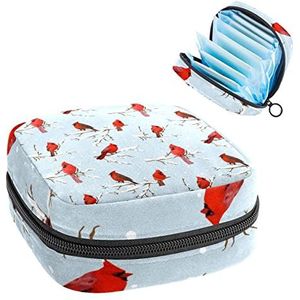 Maandverband Opbergtas, Menstruatie Cup Pouch Tampon Bag, Periode Pads Houder Organizer voor Vrouwen Meisjes, Winter Rode Vogels op Sneeuw Takken