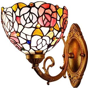 8-Inch Tiffany Stijl Wandlamp, Roze Gekleurde Glazen Lampenkap Met Kristal Kralen, Multi-Color Decoratieve Lichten Voor Slaapkamers En Woonkamer,