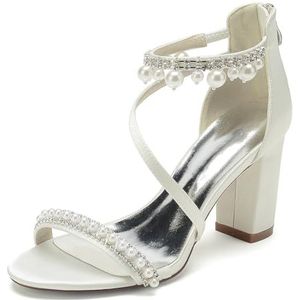 Dames Open Teen Trouwschoenen Voor Bruid Chunky Blokhak Parel Bruidsschoenen Pumps Enkelbandje Sandalen Met Hak,ivoor,36 EU