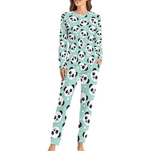 Schattige panda zachte damespyjama met lange mouwen, warme pasvorm, loungewear sets met zakken, XL