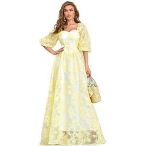 jurken voor dames Jurk met mesh-overlay met bloemenpatroon, hartvormige hals en pofmouwen (Color : Yellow, Size : Small)