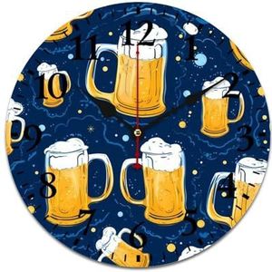 Blauwe Bier Patroon Houten Wandklok Batterij Werkt Stille Niet-Ticking Ronde Klok Decoratieve Voor Thuis Woonkamer