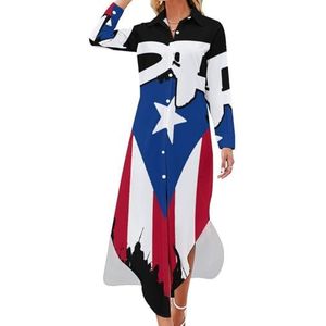 Puerto Rico Vlag PR Puerto Ricaanse Boricua Maxi-jurk voor dames, lange mouwen, overhemd met knopen, casual feest, lange jurken, M
