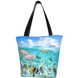 BeNtli Schoudertas, canvas draagtas grote tas vrouwen casual handtas herbruikbare boodschappentassen, kleurrijke vissen afdrukken, zoals afgebeeld, Eén maat