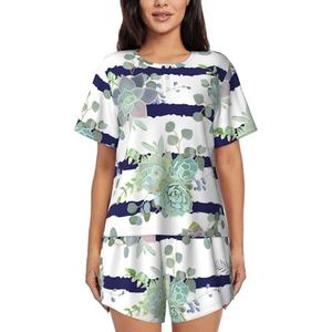 YQxwJL Gestreepte Vetplanten Print Vrouwen Pyjama Sets Shorts Korte Mouw Lounge Sets Nachtkleding Casual Pjs Met Zakken, Zwart, XL