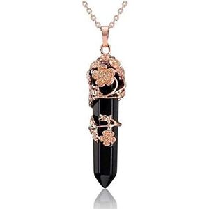 Kristallen hanger ketting bloem draad verpakt amethist rozenkwarts natuursteen,Zwarte onyx,45cm