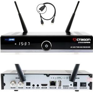 OCTAGON SF8008 UHD 4K Supreme Twin Sat Receiver, 2X DVB-S2X Tuner, E2 Linux & Define OS, met PVR opnamefunctie, M.2 M Key, Gigabit LAN, kaartlezer, Sat to IP, WiFi WLAN + HM-SAT HDMI-kabel