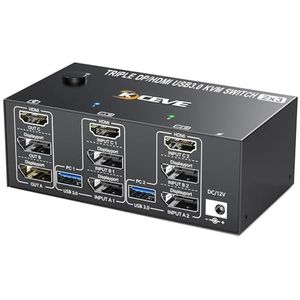 YOUTINGHDAV 2 DP + 1 HDMI KVM Switch 2 PC 3 monitoren, USB 3.0 KVM Switch Triple Monitor 2 Displayport + HDMI 8K @60Hz 4K @144Hz voor 2 PC Delen muis, toetsenbord, met bedrade afstandsbediening