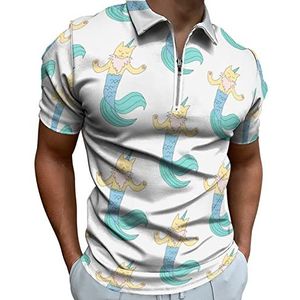 Caticorn Zeemeermin Poloshirt voor heren, met ritssluiting, casual korte mouwen, golftop, klassieke pasvorm, tennisshirt