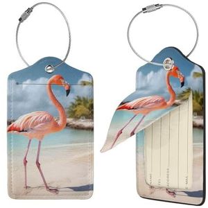 Strand Flamingo Print Bagagelabel Leer met Roestvrij Stalen Loop Privacy Cover Naam ID Labels voor Vrouwen Mannen