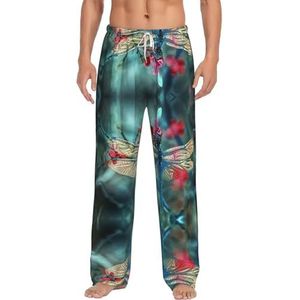Dragonfly On The Flower Lange loungewear voor heren, nachtkleding, pyjamabroek, nachtkleding met zakken en trekkoord, Wit, S