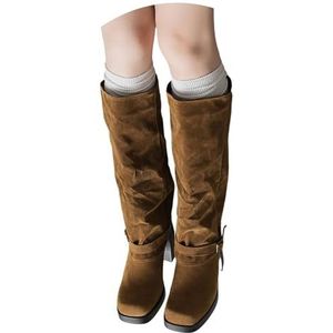 Dames Sneeuwlaarzen Met Lange Schacht Brede Buis Instapschoenen Met Blokhak Retro Suède Rijlaarzen Met Gespen Antislip Rubberen Laarzen Met Platform for Buiten(Brown,43 EU)