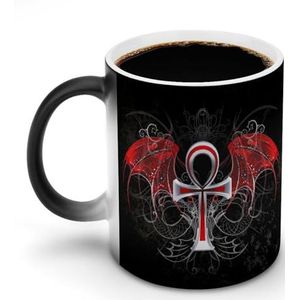 Gothic Silver Ankh Vampier met Rode Vleugels Koffiemok Gepersonaliseerde Kleur Veranderende Mok Warmtegevoelige Koffie Thee Cup voor Vrouwen Mannen