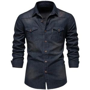 Dvbfufv Heren lange mouwen knoop effen kleur gewassen denim overhemd heren casual all-match outdoor shirt, Marineblauw 6003, M