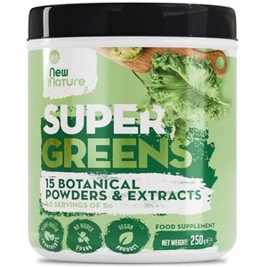 New Nature Super Greens Poeder – 15 Superfoods – Vegan – Suikervrij – Geen Additieven – Gemaakt in Duitsland – 50 Porties (250 g)