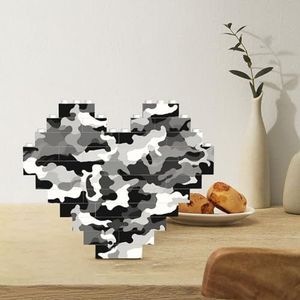 Bouwsteenpuzzel Hartvormige bouwstenen Zwart Grijs Wit Camo Puzzels Blok Puzzel voor Volwassenen 3D Micro Bouwstenen voor Home Decor Bakstenen Set