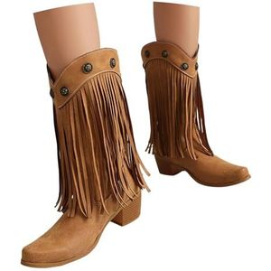 Western Cowboylaarzen Met Franjes Dames Retro Enkellaarsjes Met Klinknagel PU Leren Ankle Boots Met Blokhak Brede Schacht Instapschoenen For Werk, Platteland, Rodeo's(Yellow,43 EU)