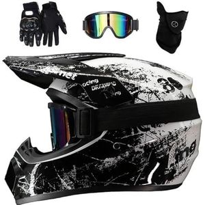 Dubbele Sport Motorcross Helm Set, Jeugd Kinderen Integraal Offroad Race Motor Botsing Helmen, Bergafwaarts BMX MTB ATV Enduro Quad Dirt Bike Helm, met Bril Handschoenen Masker(White Black,L/56-57CM)