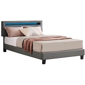Gestoffeerd bed Caribo 120x200 cm, bed met kunstleer in grijs en LED-verlichting, imitatieleer, modern, Scandinavisch, comfortabel gevoerd bed
